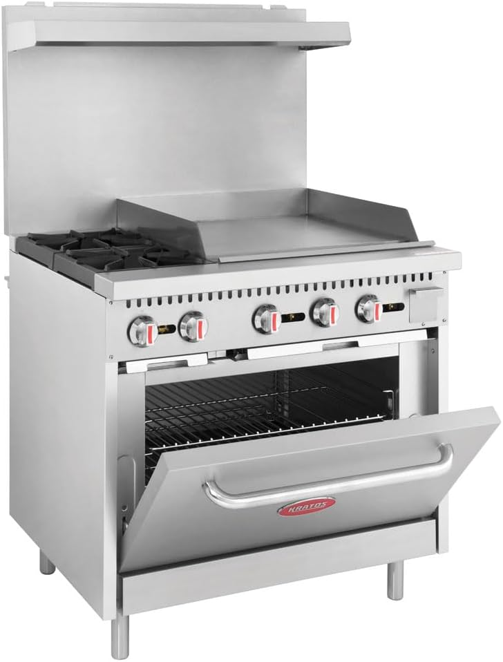 Kratos 36' Wide Commercial Gas Range with 24' Griddle, 2 Burners, and Full Size Oven, Stainless Steel Range for Restaurants, 130,000 BTU, Liquid Propane (29Y-047-LP)