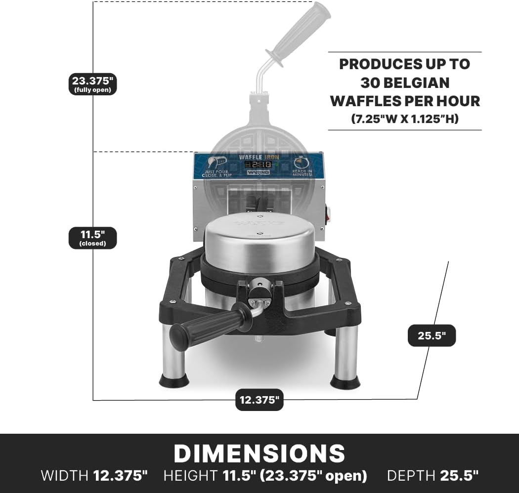 Waring Commercial Heavy-Duty Cast Iron Belgian Waffle Maker, 30 Waffles per Hour, 360° Rotating Design, for High-Volume Restaurants & Hotels, NSF Certified, WWHD500