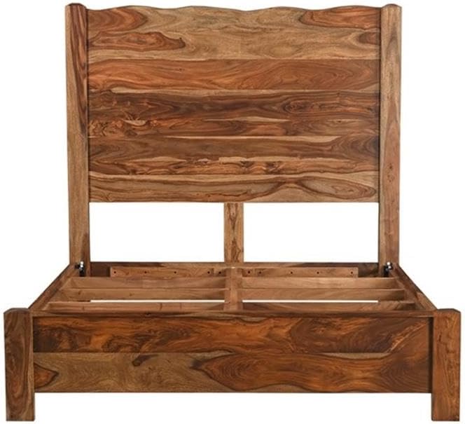 Pemberly Row Queen Panel Bed, Solid Sheesham Wood, Brown Finish, Live Edge Design, 63' H x 64.5' W x 86' D, Durable Wooden Slats, Mid-Century Style, No Mattress, Box Spring Required, Bedroom Furniture