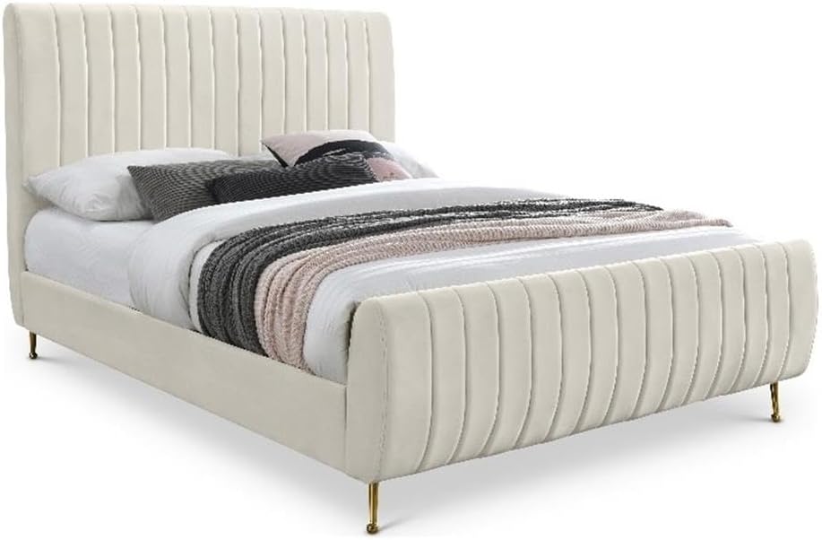Meridian Furniture Zara Collection Modern | Contemporary Velvet Upholstered Bed with Deep Channel Tufting and Custom Gold Legs, Full, Cream