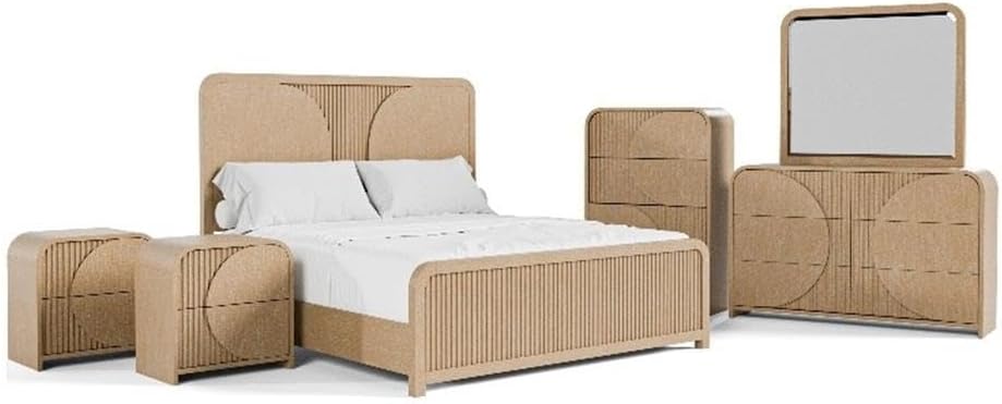 Furniture of America Tissen Modern Solid Wood 6-Piece Queen Bedroom Set with USB Ports, Reeded Panels, Curved Edges and Beveled Mirror, Box Spring Needed, Natural