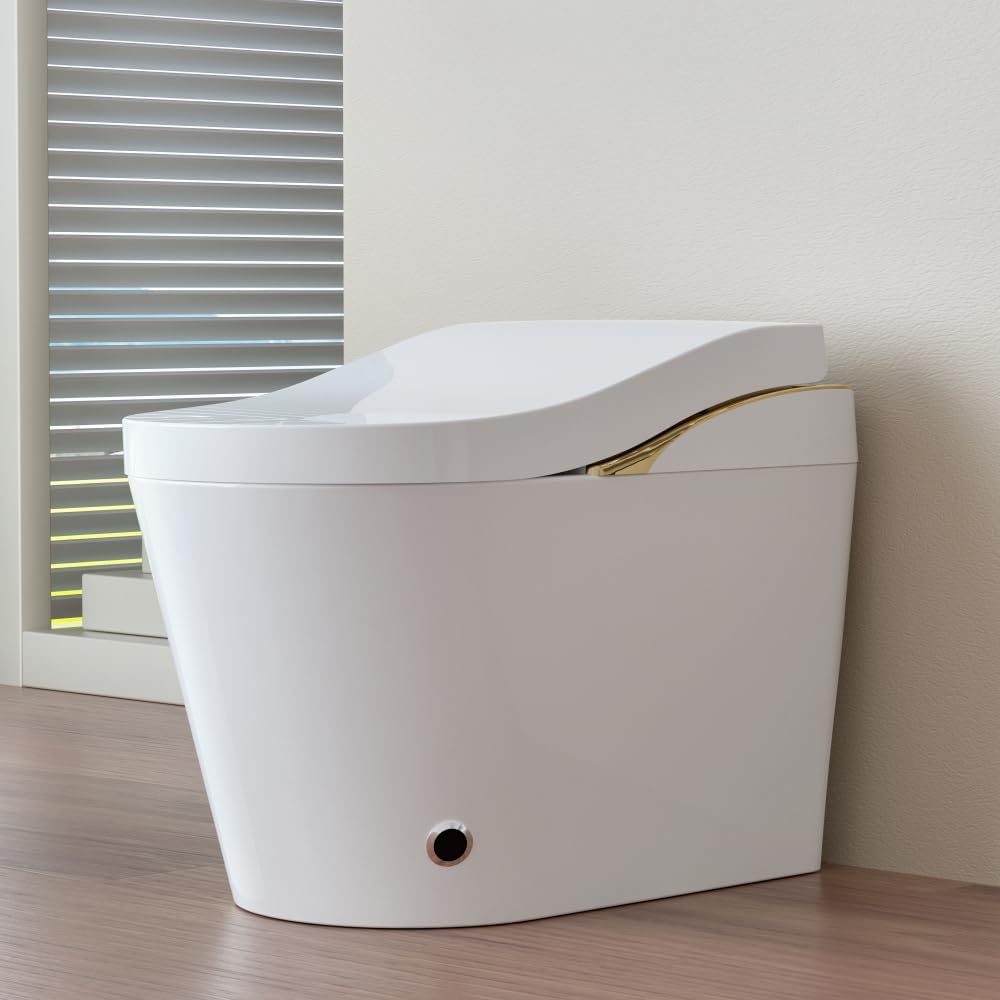 Smart Toilet with Bidet, Auto Flush, Auto Open/Close, Heated Seat, Warm Water Dryer, and Foam Shield Function in White - Modern Bathroom Technology