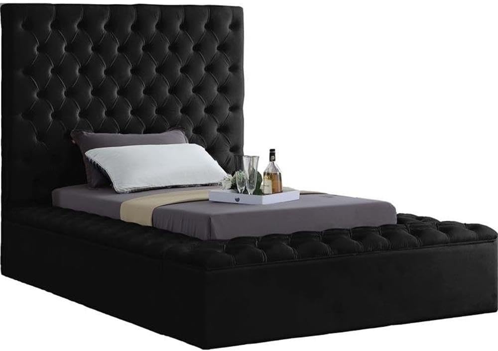 Pemberly Row Modern Solid Wood Tufted Velvet Twin Bed, Black Fabric, Deep Tufted Upholstery, Storage Rails and Footboard, Full Slats, No Box Spring Needed, 60.5' Headboard, Contemporary Bedroom