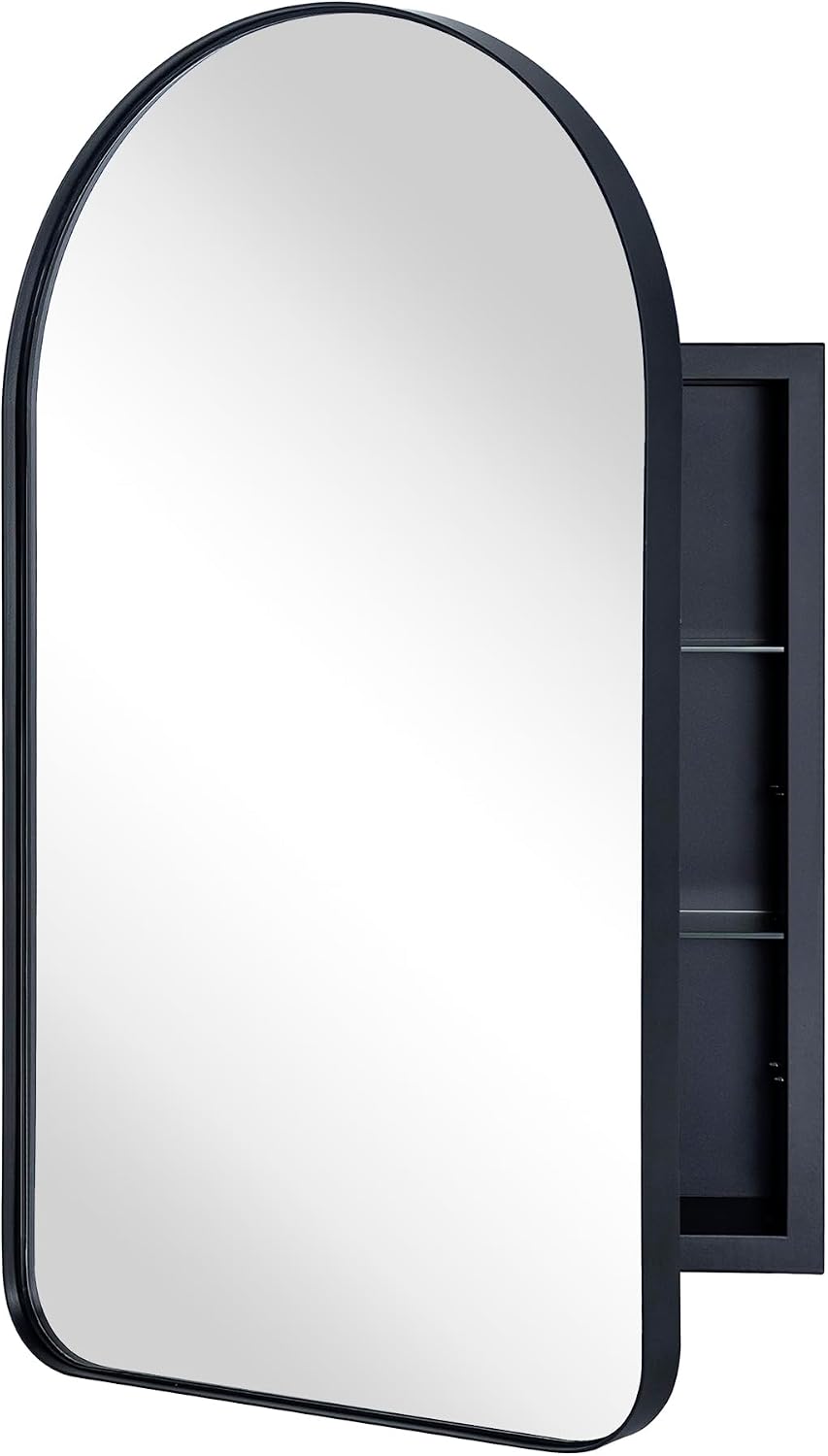 Matt Black Arched Recessed Bathroom Medicine Cabinet with Mirror Stainless Steel Metal Framed Rectangular Bathroom Cabinet with Mirror 20x30''
