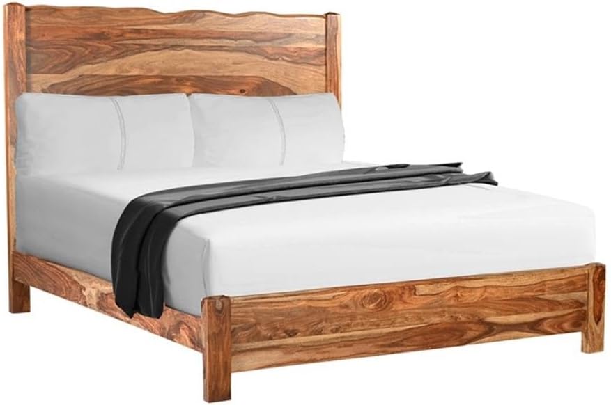 Pemberly Row Modern Live Edge Solid Wood King Panel Bed, Brown Finish, 63' H x 80' W x 86.5' D, Sheesham Wood, Natural Grain, Sturdy Design, Requires Box Spring, Bedroom Furniture