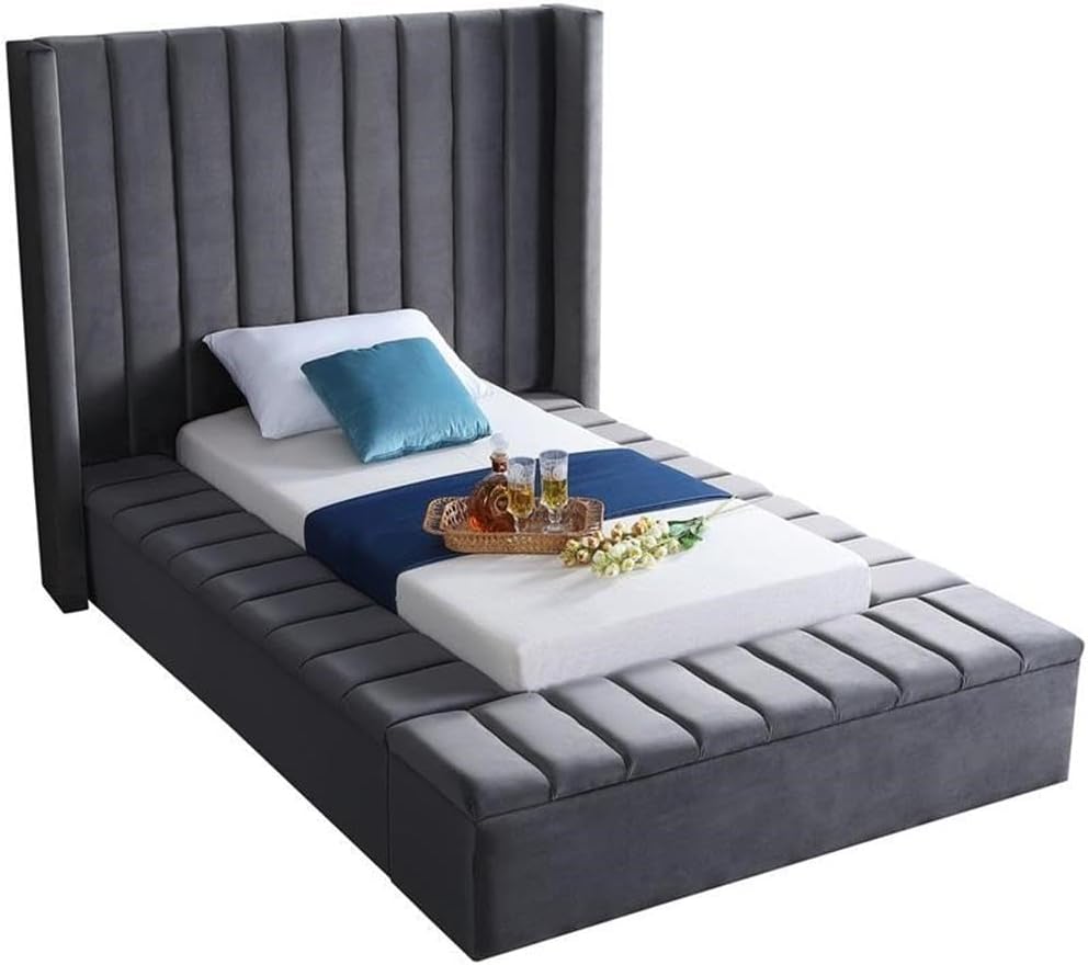 Meridian Furniture Kiki Collection Modern | Contemporary Velvet Upholsterd Bed with Channel Tufting, Siderails and Footboard Storage Compartments, Twin, Grey
