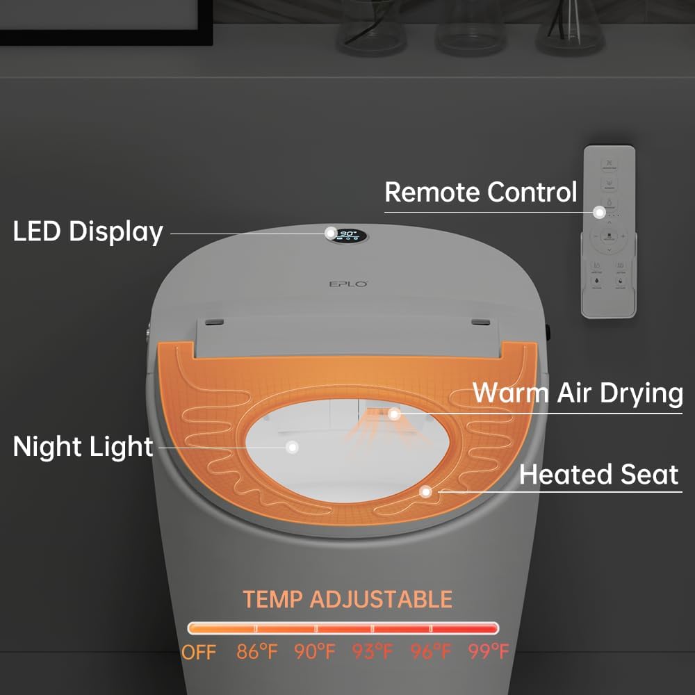 EPLO Smart Toilet,One Piece Bidet for Bathrooms,Modern Elongated Toilet with Multiple Washing,Warm Water,Dual Auto Flush,Foot Sensor Flush,Heated Seat,Electric Tankless Toilets with LED Display E16