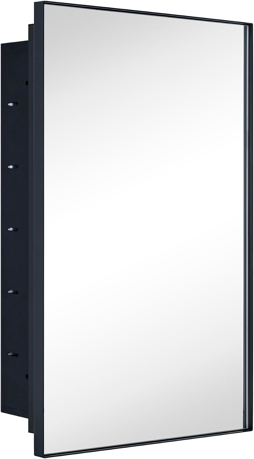 TEHOME Recessed Mount 16x26'' Squared Rectangle Matt Black Bathroom Medicine Cabinet with Mirror Black Metal Framed Rectanglular Medicine Cabinet 2 Adjustable Glass Shelves