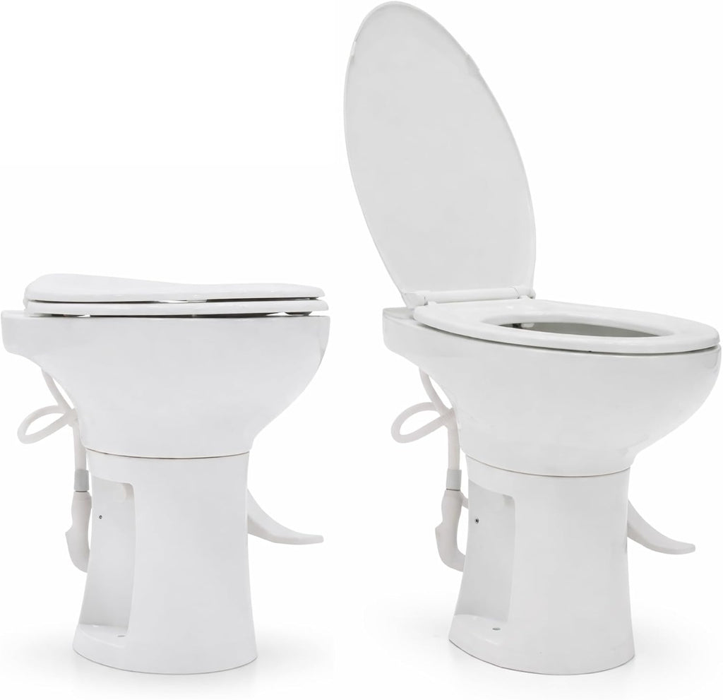 SEAFLO Porcelain RV Toilet with Sprayer Attachment - Elongated Bowl 19' Inch Residential Height, Gravity Flush, Foot Pedal Soft Close Seat Camper Motorhome Easy Install 4 -year Warranty SFRTCH-02-02