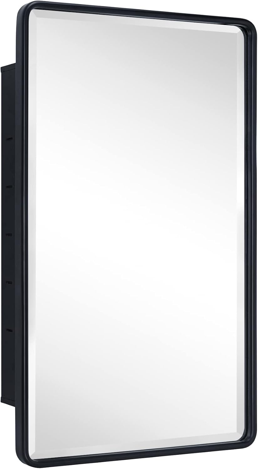 TEHOME Farmhouse Black Metal Framed Recessed Bathroom Medicine Cabinets with Mirror Rounded Rectangle Medicine Cabinet with BeveledMirros,16.5x27.5''