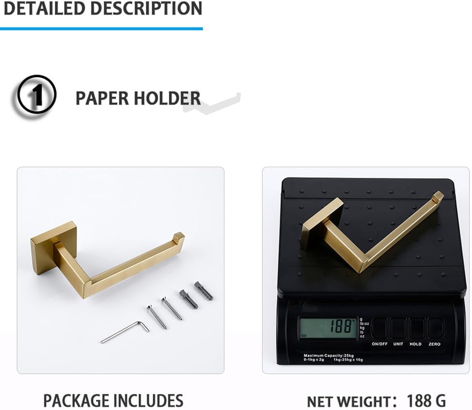 Brushed Gold Bathroom Accessories Set 3-Piece Bathroom Hardware Set Wall Mounted Toilet Paper Holder Hand Towel Ring Robe Hook,BG 3 pcs Set