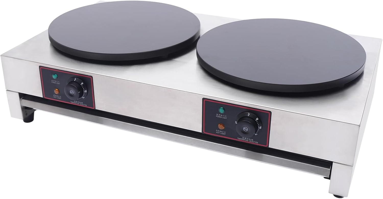 Commercial 2-Burner 15.75 ' Electric Griddle & Crepe Maker Machine Electric Crepe Maker with Adjustable Temperature forof crepes, pancakes, etc. ,Non-Stick Crepe Pan & Spatula