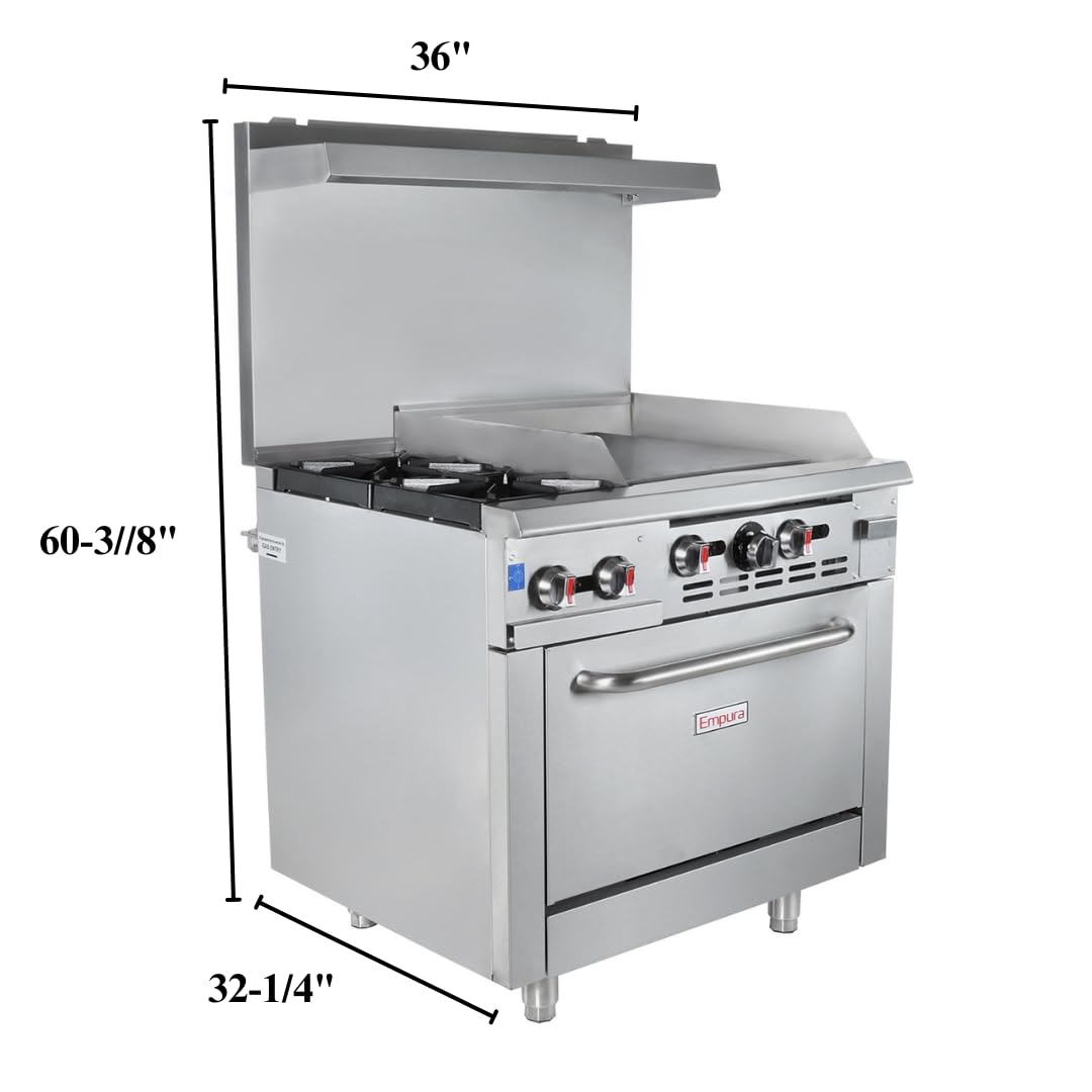 EMPURA 36' Freestanding Natural Gas Range | Cooking Stove with Single Standard Oven (2) Cast-Iron Open Burners and 24' Right Side Griddle | 130,000 BTU | 36'W x 32-1/4'D x 60-3/8'H, Stainless Steel