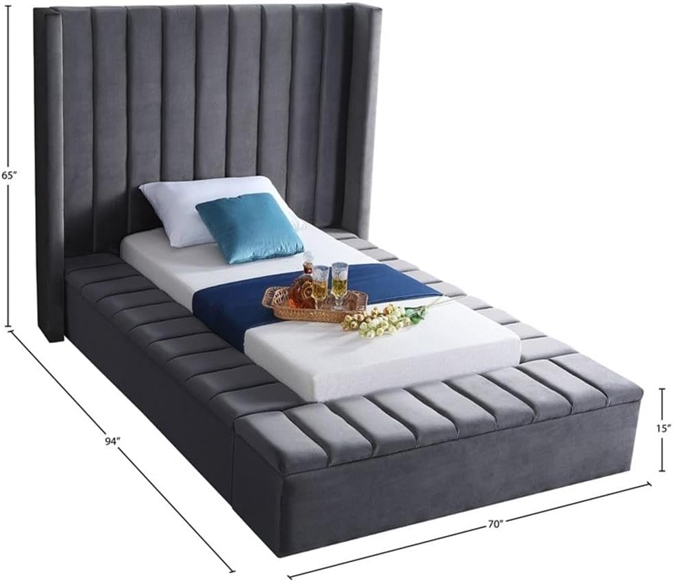 Meridian Furniture Kiki Collection Modern | Contemporary Velvet Upholsterd Bed with Channel Tufting, Siderails and Footboard Storage Compartments, Twin, Grey