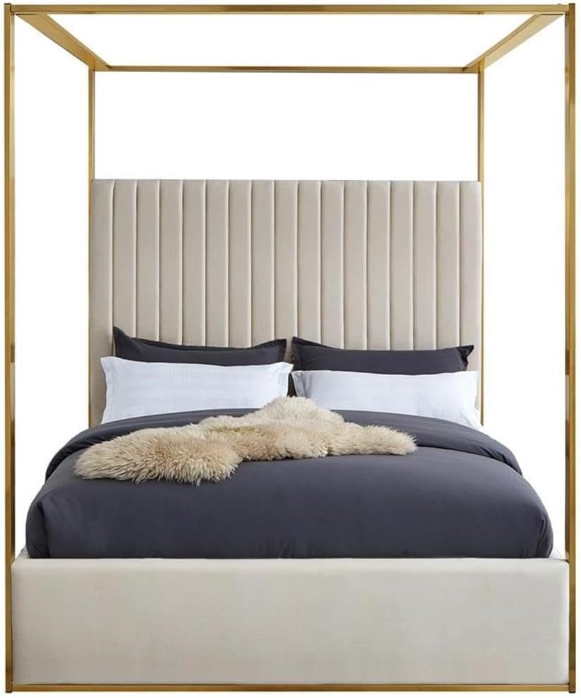 Meridian Furniture JonesCream-Q Jones Collection Modern | Contemporary Upholstered Queen Bed, Cream Velvet, Channel Tufting, Brushed Brass Frame, 66.5' W x 86.5' D x 79' H, Cream, Queen