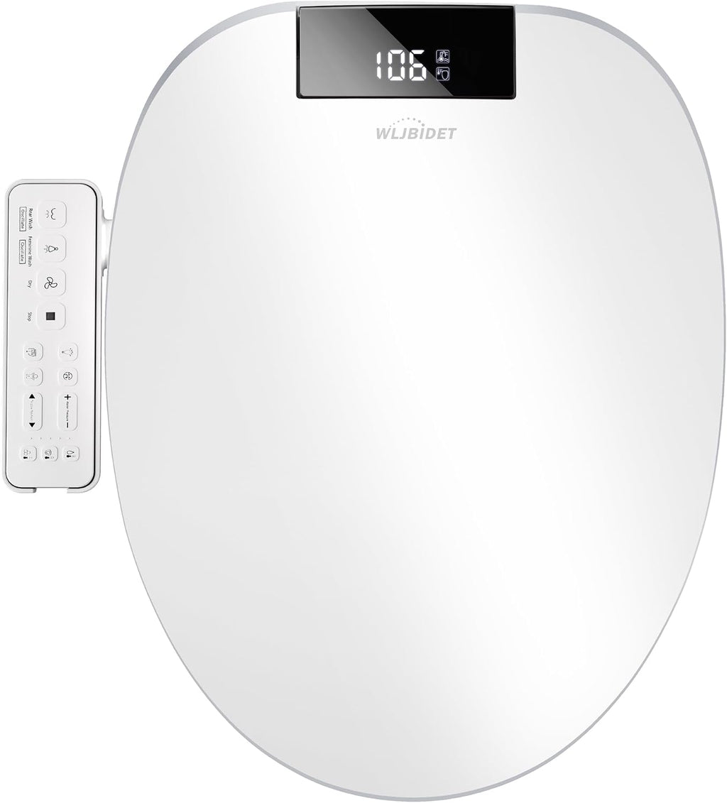 WLJBIDET Heated Bidet Toilet Seat with Dual-Position Control Mode, Side Panel & Remote Control, Self-Cleaning Nozzle, Adjustable Warm Water and Dryer, Display Screen, Night Light, Round