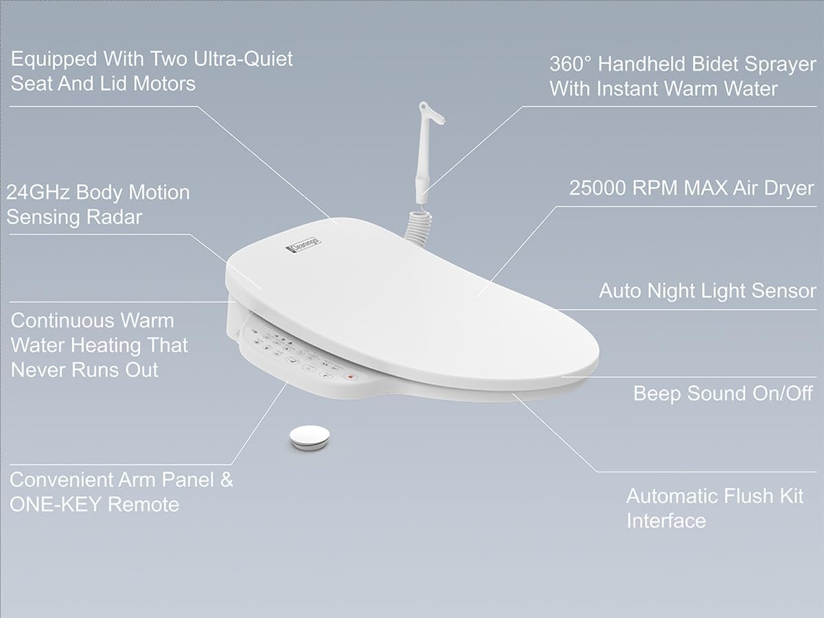 DC01 iCleaningo Electric Bidet Toilet Seat, Side Panel Control, Instant Heating, Warm Water Wash, Heated Seat, Warm Air Dry, Auto Open & Close Lid, 360° Handheld Sprayer, Elongated, Remote
