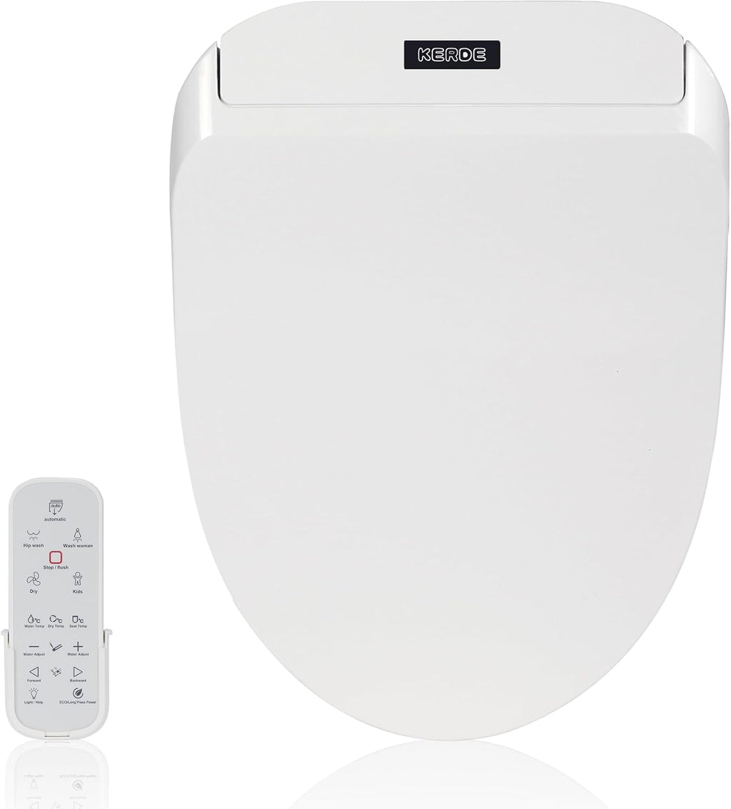 KERDE Electric Toilet Seat, White, Endless Warm Water, Rear and Front Wash, LED Light, Quiet Operation, Wireless Remote,1-click control P30Y.Elongated, for Existing Toilets Bidet