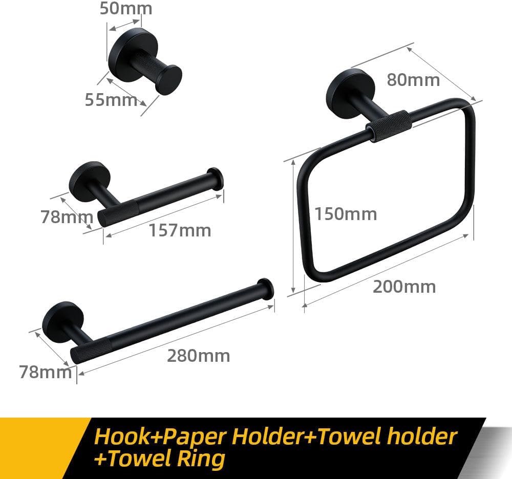 Modern Matte Black Bathroom Accessories Set with Brass Towel Bar Bath Robe Hook Knur Shelf Tissue Holder Stylish and Fun Design for Wall Mount Installation Perfect for Towels and Paper Organ