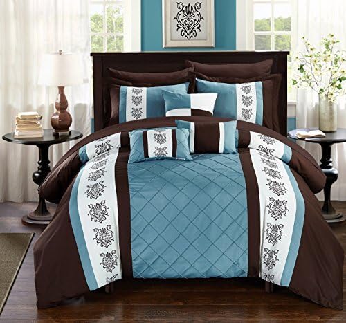 Chic Home Clayton 10 Piece Comforter Set Pintuck Pieced Block Embroidery Bed in a Bag with Sheet Set, Queen Blue Brown