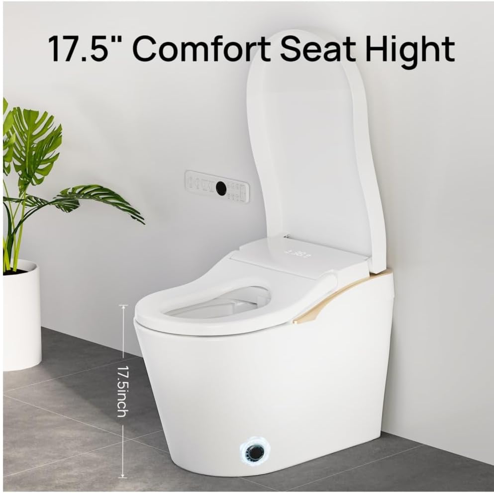 Smart Toilet with Bidet, Auto Flush, Auto Open/Close, Heated Seat, Warm Water Dryer, and Foam Shield Function in White - Modern Bathroom Technology