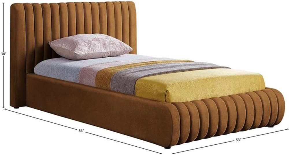 Meridian Furniture NicoSaddle-T Nico Collection Modern | Contemporary Velvet Upholstered Twin Bed with Rich Saddle Velvet and Deep Channel Tufting, 53' W x 86' D x 38' H, Saddle, Twin