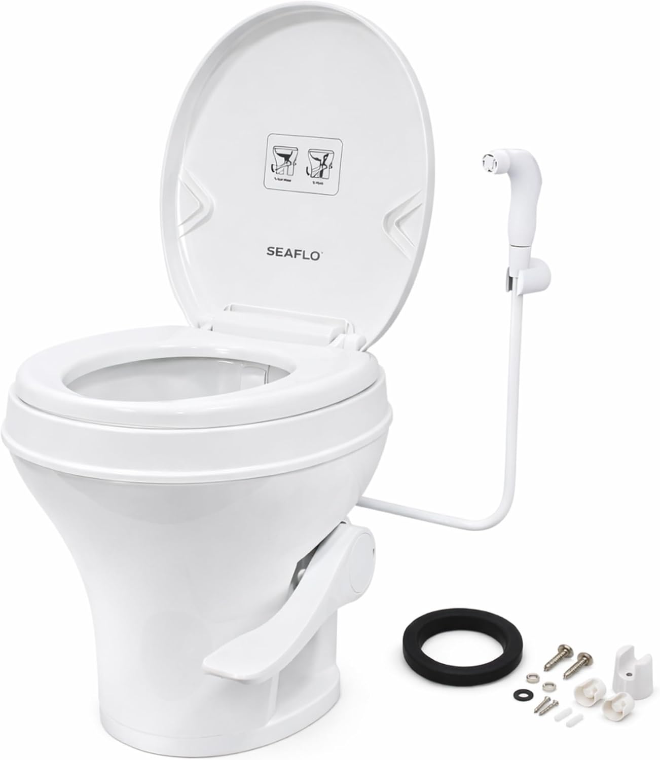 SEAFLO RV Toilet with Sprayer Attachment - White, 18.4' Residential Height, Gravity Flush Foot Pedal Camper Toilet Soft Close Seat Elongated Bowl Motorhome, 4-Year Warranty, SFRTPH-01-02