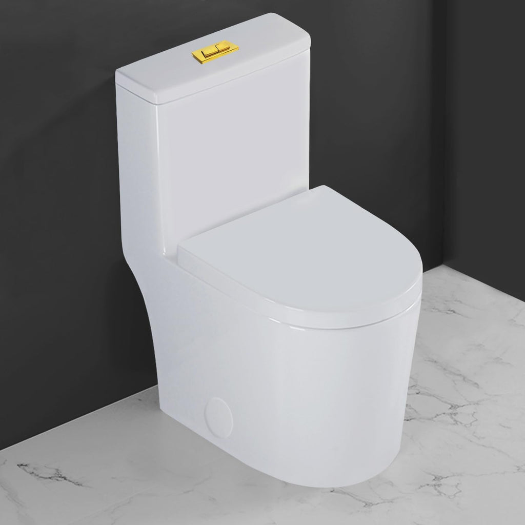 WinZo WZ5089WG Compact One Piece Toilet 23' Depth,Dual Flush Golden Button For Small Modern Bathroom 12' Rough-in White