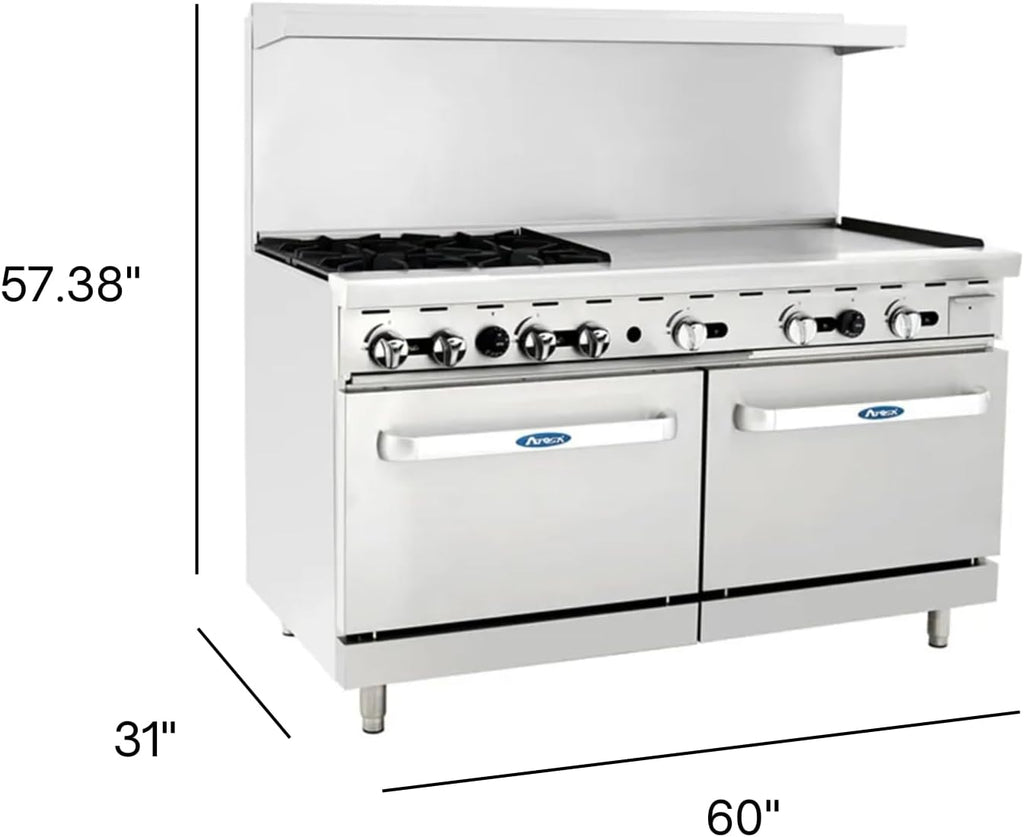CookRite Commercial Natural Gas Range 4 Burner Hotplates With 36' Manual Griddle 2 Standard Ovens 60'' Restaurant Range - 229,000 BTU