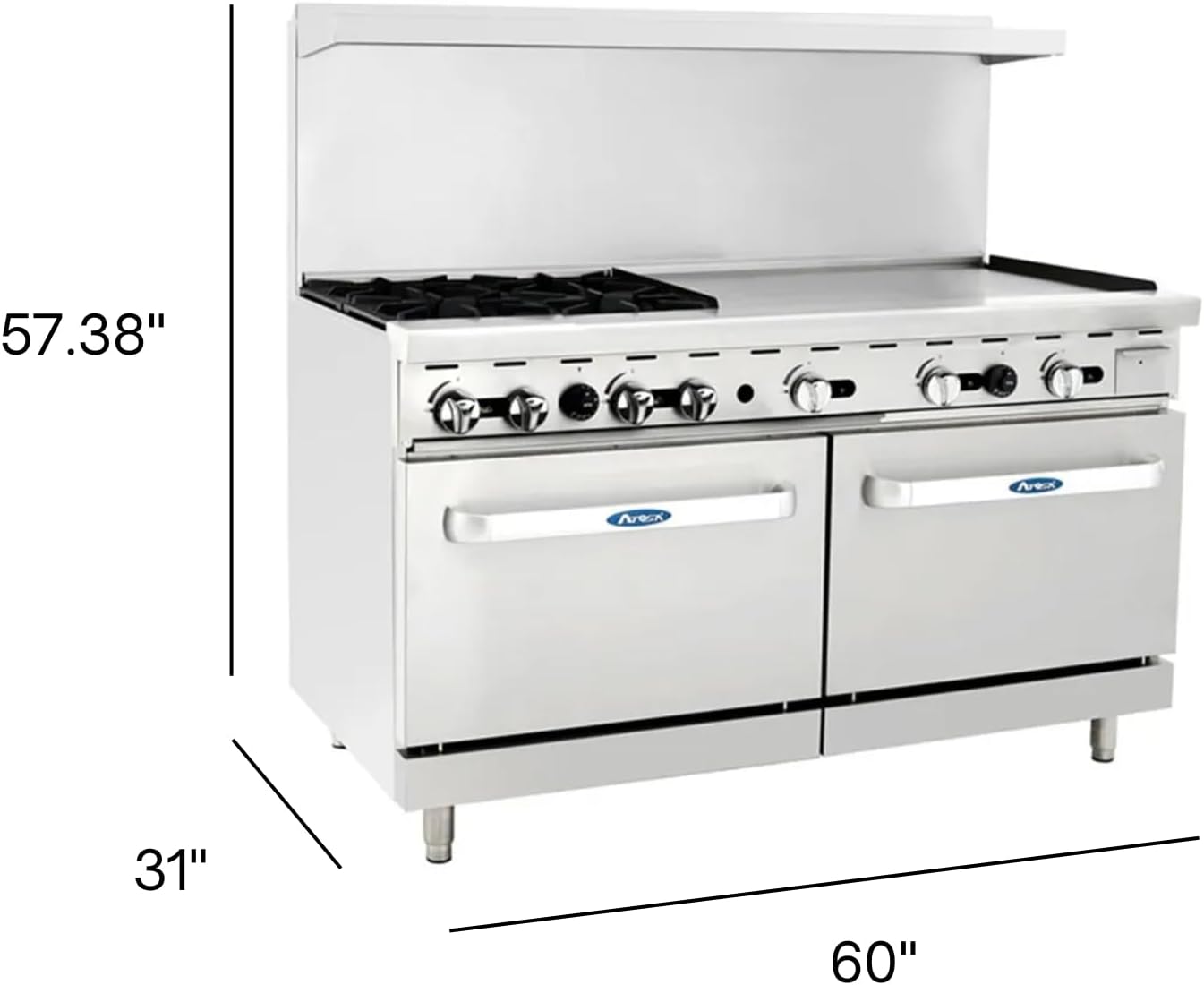 CookRite Commercial Natural Gas Range 4 Burner Hotplates With 36' Manual Griddle 2 Standard Ovens 60'' Restaurant Range - 229,000 BTU