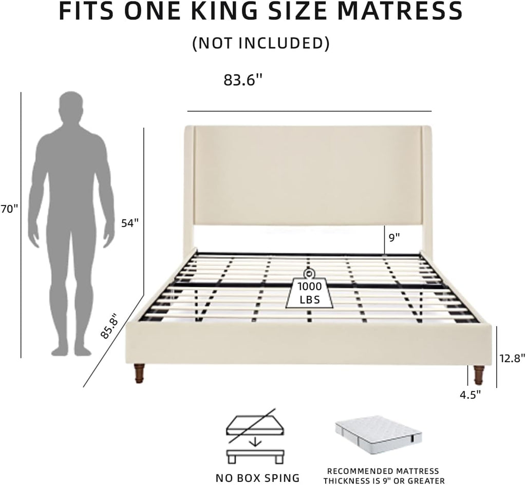 King Size Bed Frame With Headboard,54'High Headboard Boucle Upholstered Platform Bed,bedroom Furniture Sets No Springs Required,Metal Bed Frame With Wooden Slats for Strong Support,No Noise Free,Ivory
