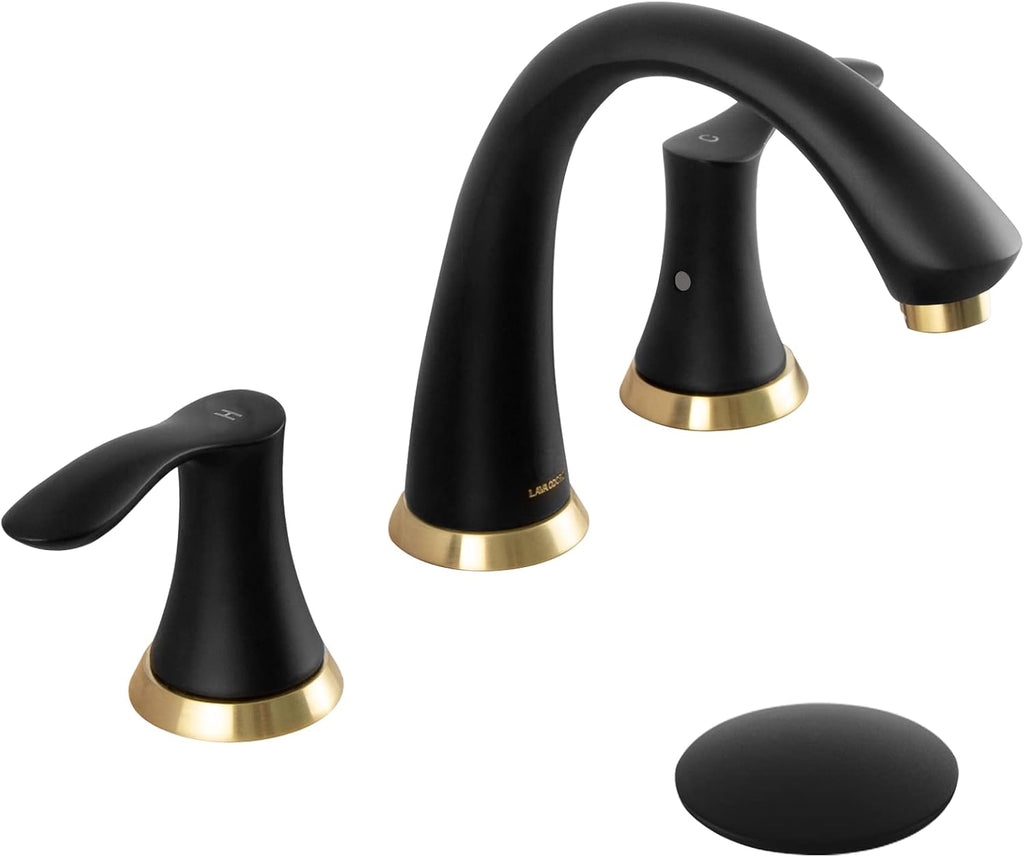 Black and Gold Bathroom Faucet 3 Hole, Lava Odoro 8 inch Widespread Bathroom Faucet 2 Handle Bathroom Sink Faucet Vanity Faucet with Drain Assembly Supply Line, BF405-GB