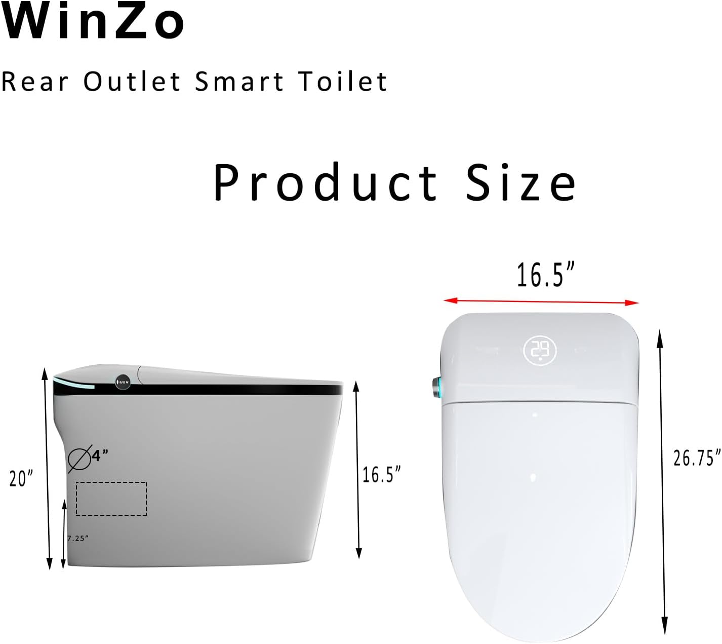 WinZo Luxury Rear Discharge Smart Toilet With Bidet Seat, Auto Flush,Warrm Adjusted Heated Seat, Warm Water and Dryer, Night Light,LED Display,Remote Control, Back Outlet, White