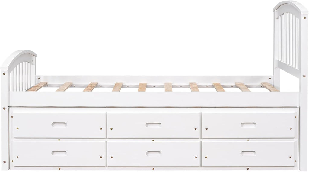 Merax Twin Size Platform Storage Bed Solid Wood Bed with 6 Drawers,White