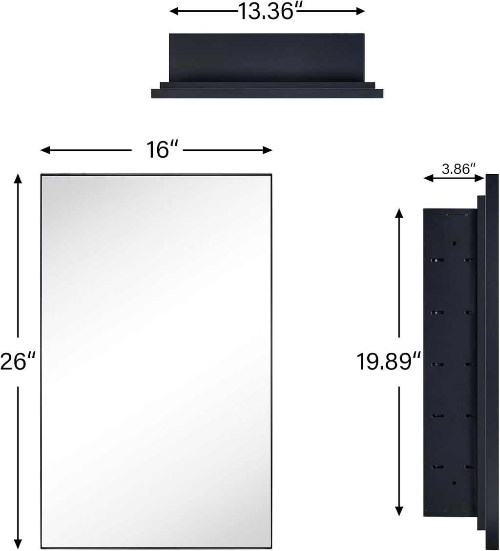 TEHOME Recessed Mount 16x26'' Squared Rectangle Matt Black Bathroom Medicine Cabinet with Mirror Black Metal Framed Rectanglular Medicine Cabinet 2 Adjustable Glass Shelves