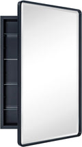 TEHOME Farmhouse Matt Black Recessed Bathroom Medicine Cabinet with Mirror Rounded Rectangle Metal Framed Medicine Cabinet with Beveled Mirror 21x34''