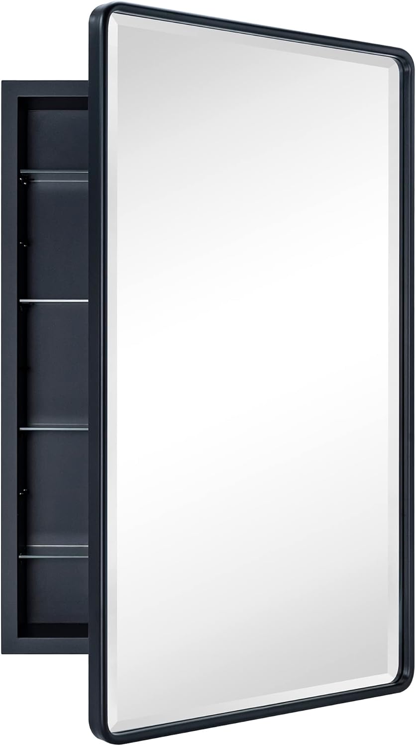 TEHOME Farmhouse Matt Black Recessed Bathroom Medicine Cabinet with Mirror Rounded Rectangle Metal Framed Medicine Cabinet with Beveled Mirror 21x34''
