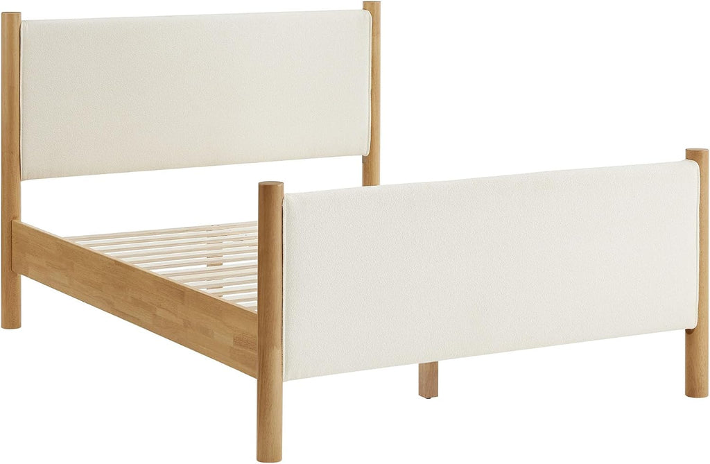 Modway Maven King Size Bed Frame in Feather Oak with Upholstered Boucle Headboard and Footboard – Wood King Platform Bed Frame – No Box Spring Needed