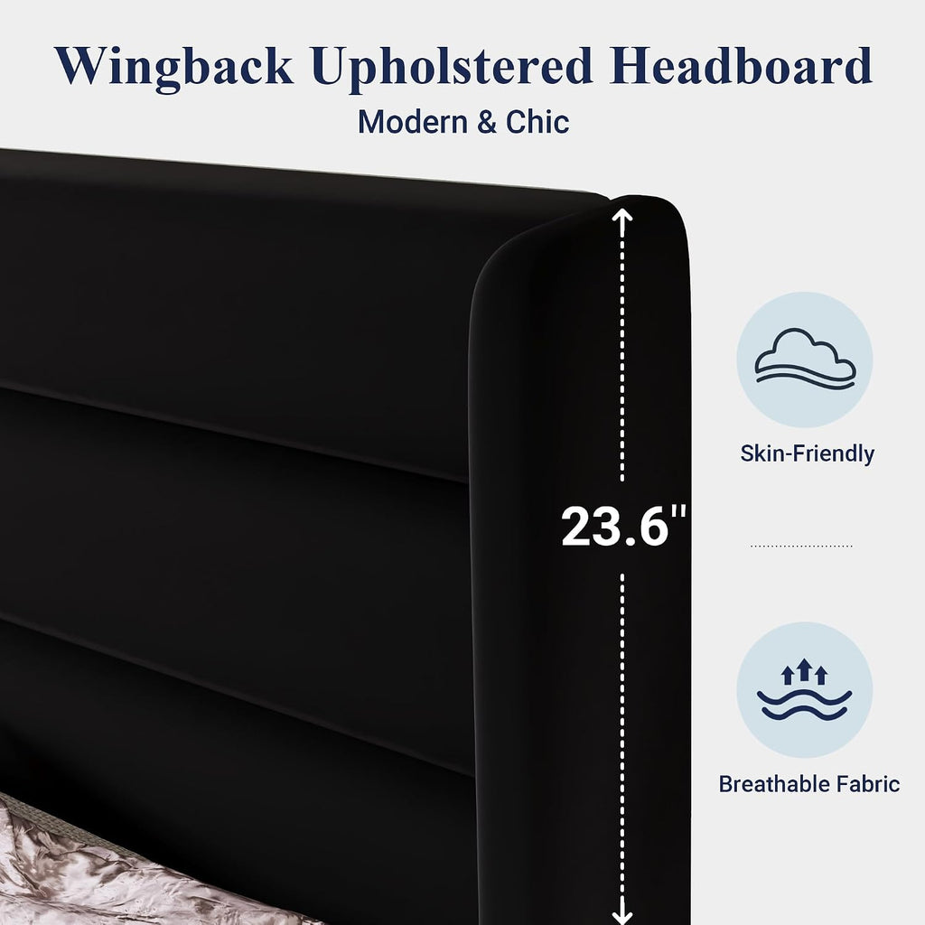 Allewie King Size Platform Bed Frame with Velvet Upholstered Wingback Headboard, No Box Spring Needed, Under Bed Storage Space, Strong Wooden Slats, Modern Mattress Foundation, Easy Assembly, Black
