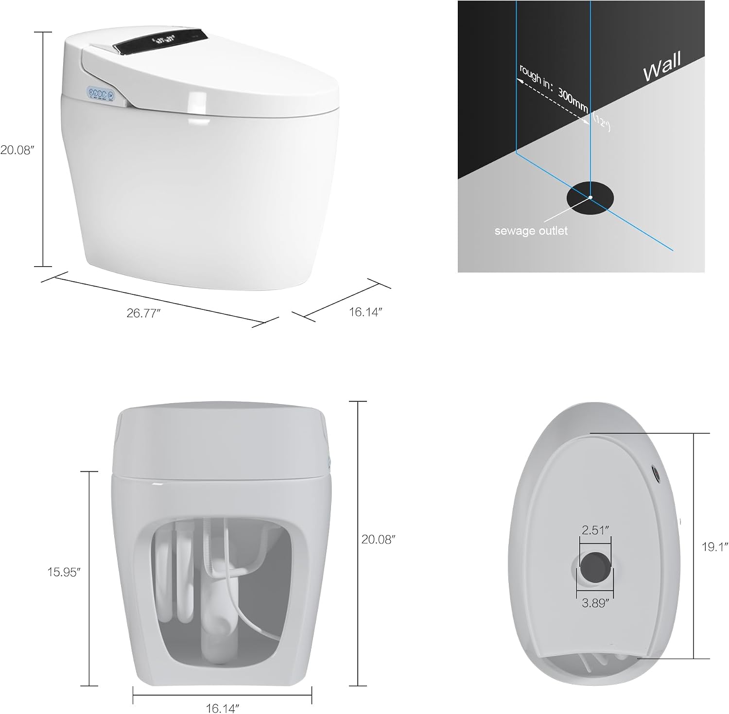 Smart Toilet with Heated Bidet Seat - Intelligent Auto Open/Close Toilet with Warm Water Wash, Warm Air Dryer, Foot Sensor Flush, Night Light, Remote Control, for Modern Bathroom, White