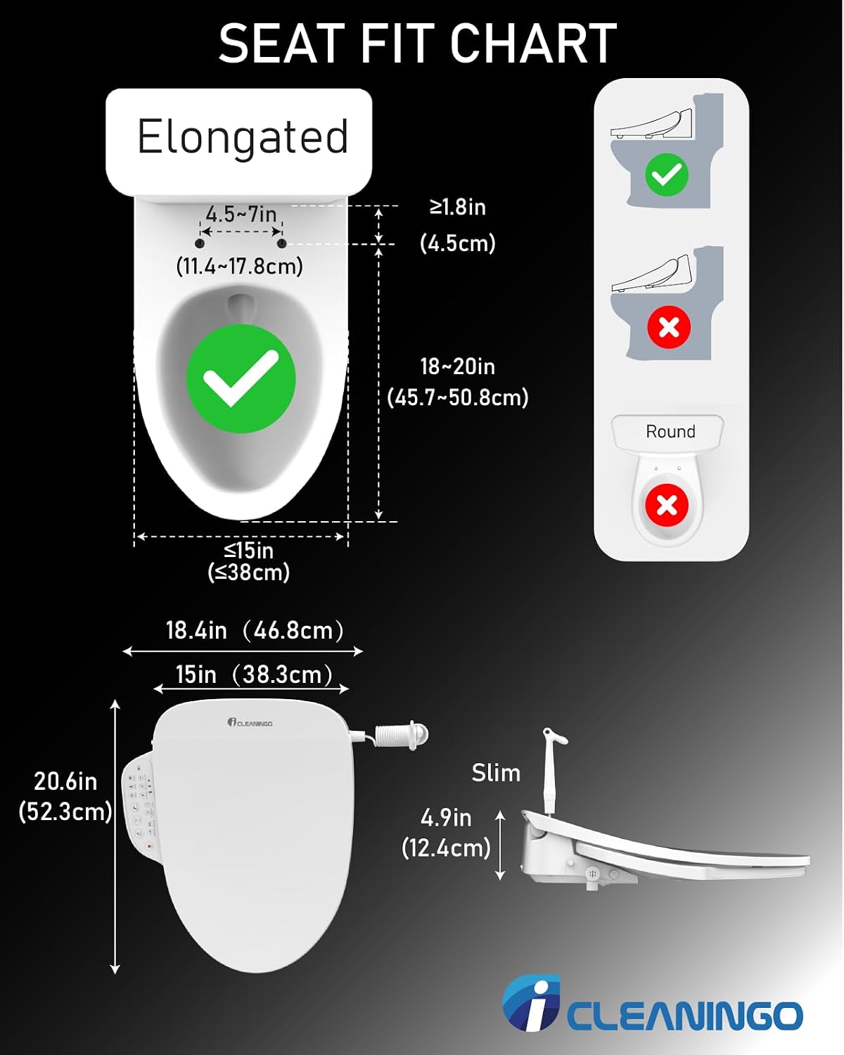 DC01 Pro iCleaningo Electric Bidet Toilet Seat, Side Panel Control, Instant Heating, Warm Water Wash, Heated Seat, Warm Air Dry, Auto Open & Close Lid, 360° Handheld Sprayer, Elongated, Remote