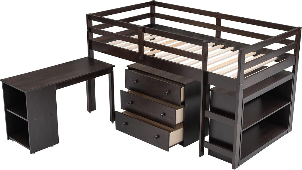 Harper & Bright Designs Wood Twin Size Loft Bed with Desk and Storage Cabinet, Low Loft Bed with Storage Drawers for Kids Teens Girls Boys, No Box Spring Needed, Space Saving, Espresso