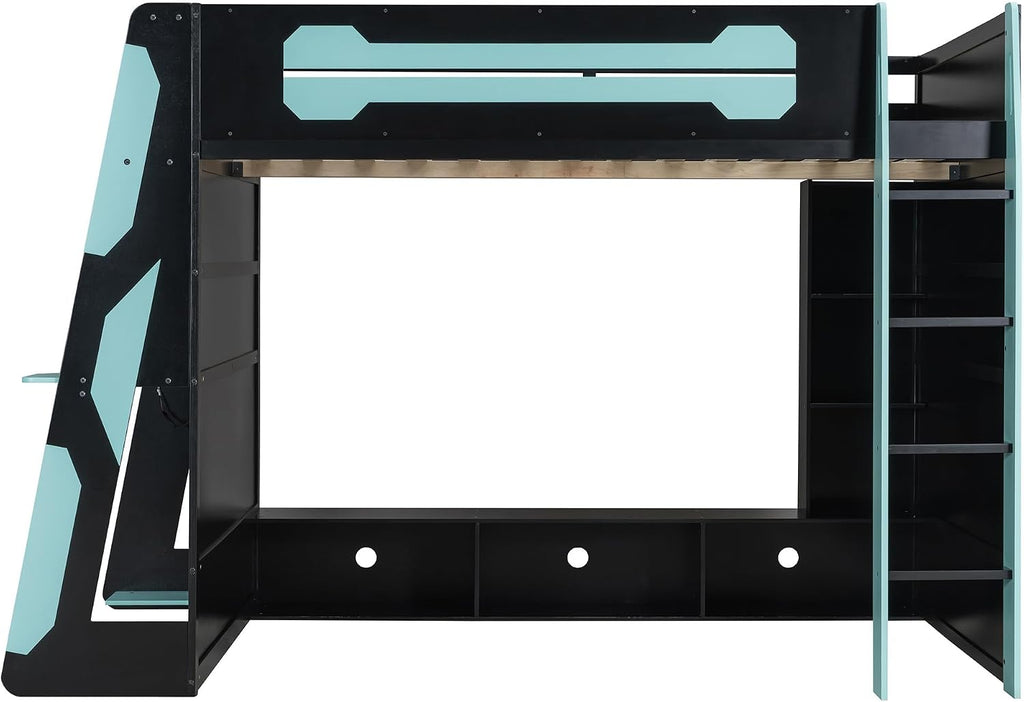 Bellemave Gaming Loft Bed with Desk and Lights, Full Loft Bed with Storage Shelves and Work Station, Wood Loft Bed Frame for Kids, Boys, Girls, Teens, No Spring Box Needed & Dedicated Style, Blue