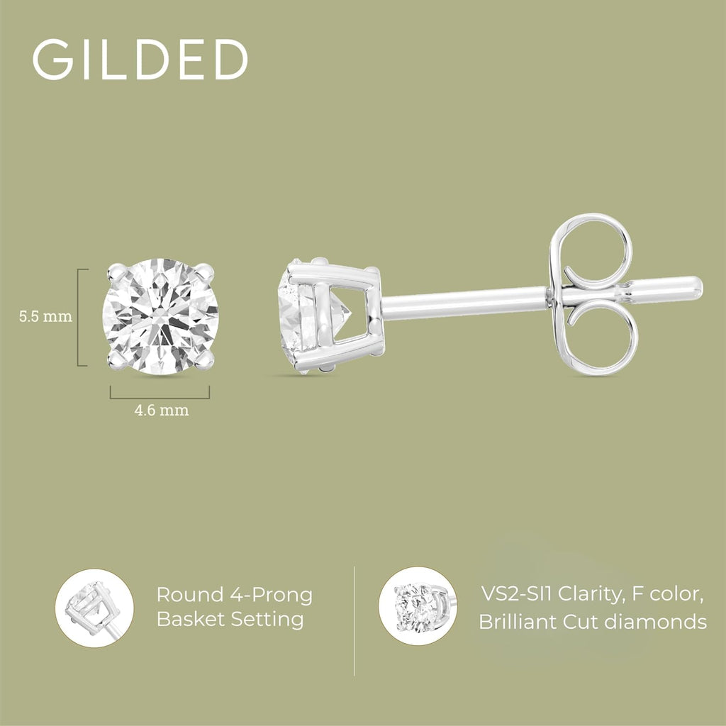Gilded Lab-Grown Diamond Stud Earrings 10KT White Gold and 10KT Yellow Gold | Hypoallergenic Fine Gold Jewelry | 4-Prong Basket, Push Back Nut | VS2 SI1 Clarity, F Color, Round Cut | 1/5,1/4,1/3,3/8,1/2,3/4,1,2 ct tw