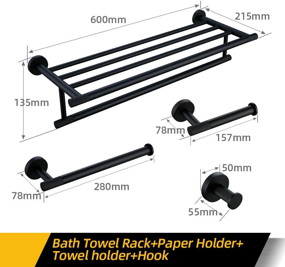 Modern Matte Black Bathroom Accessories Set with Towel Bar Bath Robe Hook Brass Knur Shelf Stylish and Functional 4 Piece Set for Towels Paper and Tissues