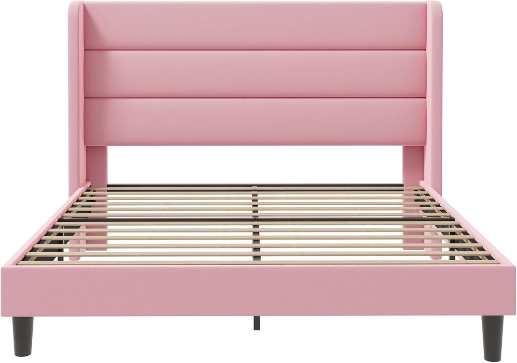 SHA CERLIN Full Size Velvet Bed Frame with Wingback Headboard/Upholstered Platform Bed with Wooden Slats/Mattress Foundation/No Box Spring Needed/Easy Assembly/Pink
