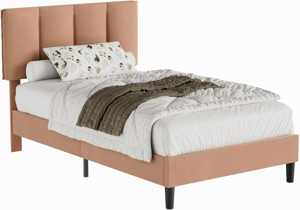VECELO Twin Size Bed Frame with Upholstered Headboard, Heavy-Duty Bedframe with Wooden Slats & Steel Framework, Easy Assembly, Coffee