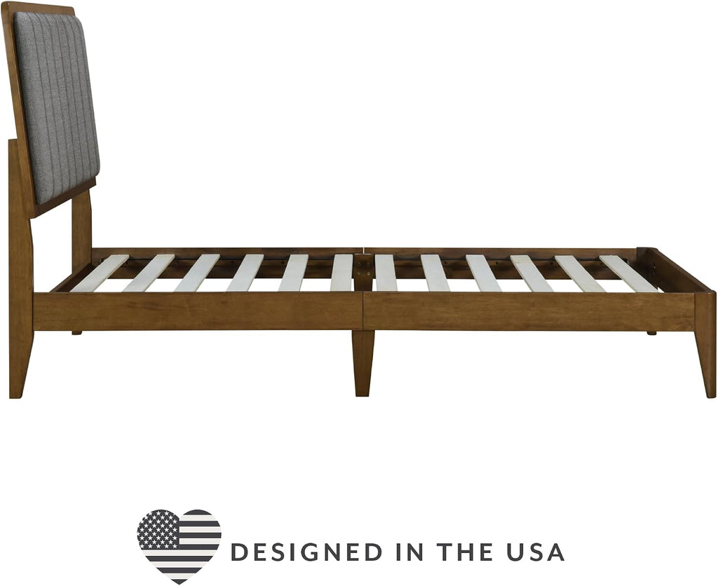 DG Casa Raven Solid Wood Twin Size Bed Frame - Mid Century Modern Style, Platform with Tufted Upholstered Adjustable Height Headboard, No Box Spring Required, Walnut Finish, Brown Fabric