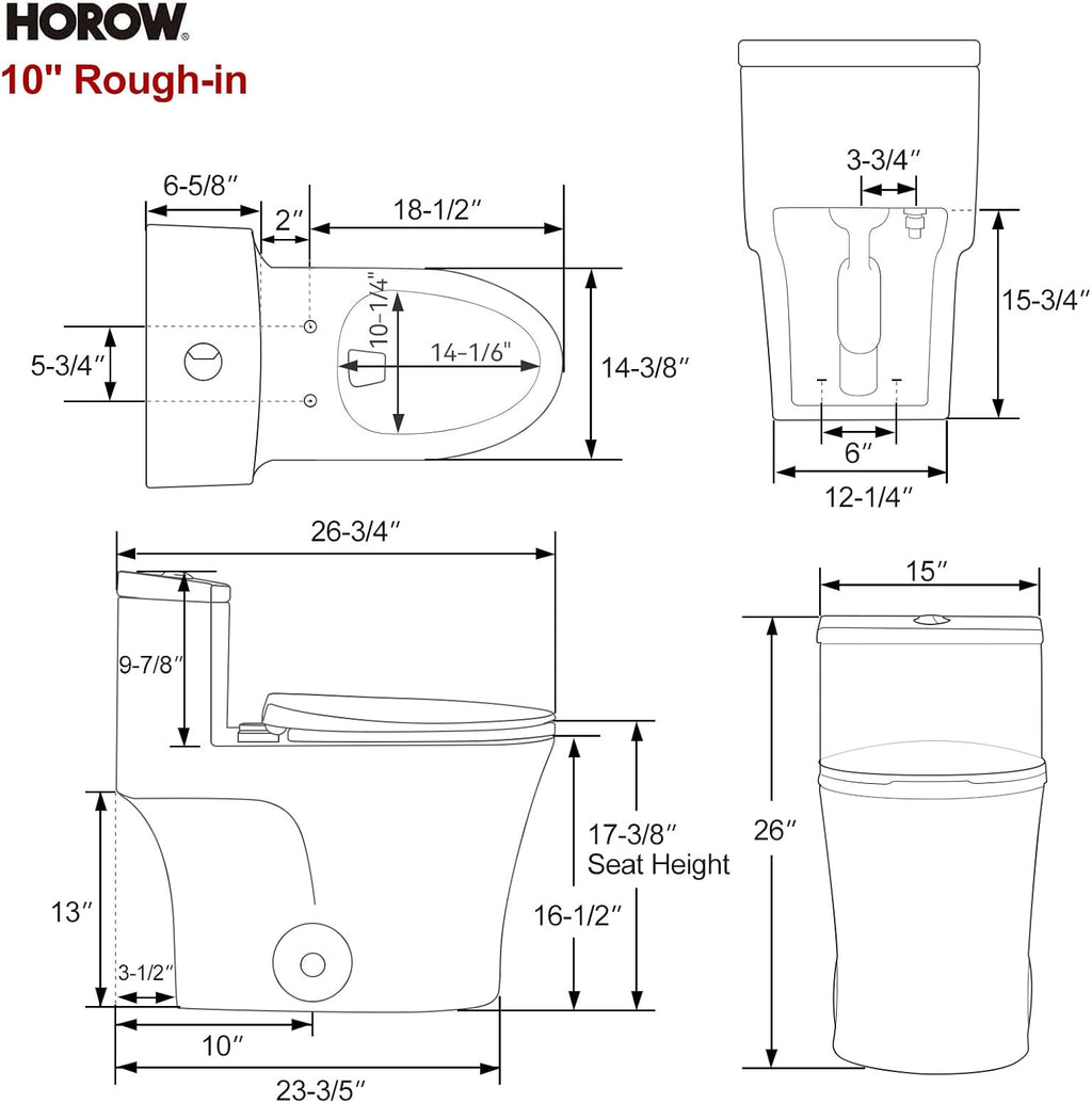 HOROW T0338W One Piece Toilet 10' Rough-in, Elongated Toilet with Comfortable Seat Height, ADA Chair Height 17.3', Dual Flush 0.8/1.28 GPF, Standard White Toilet Bowl, Space Saver Design