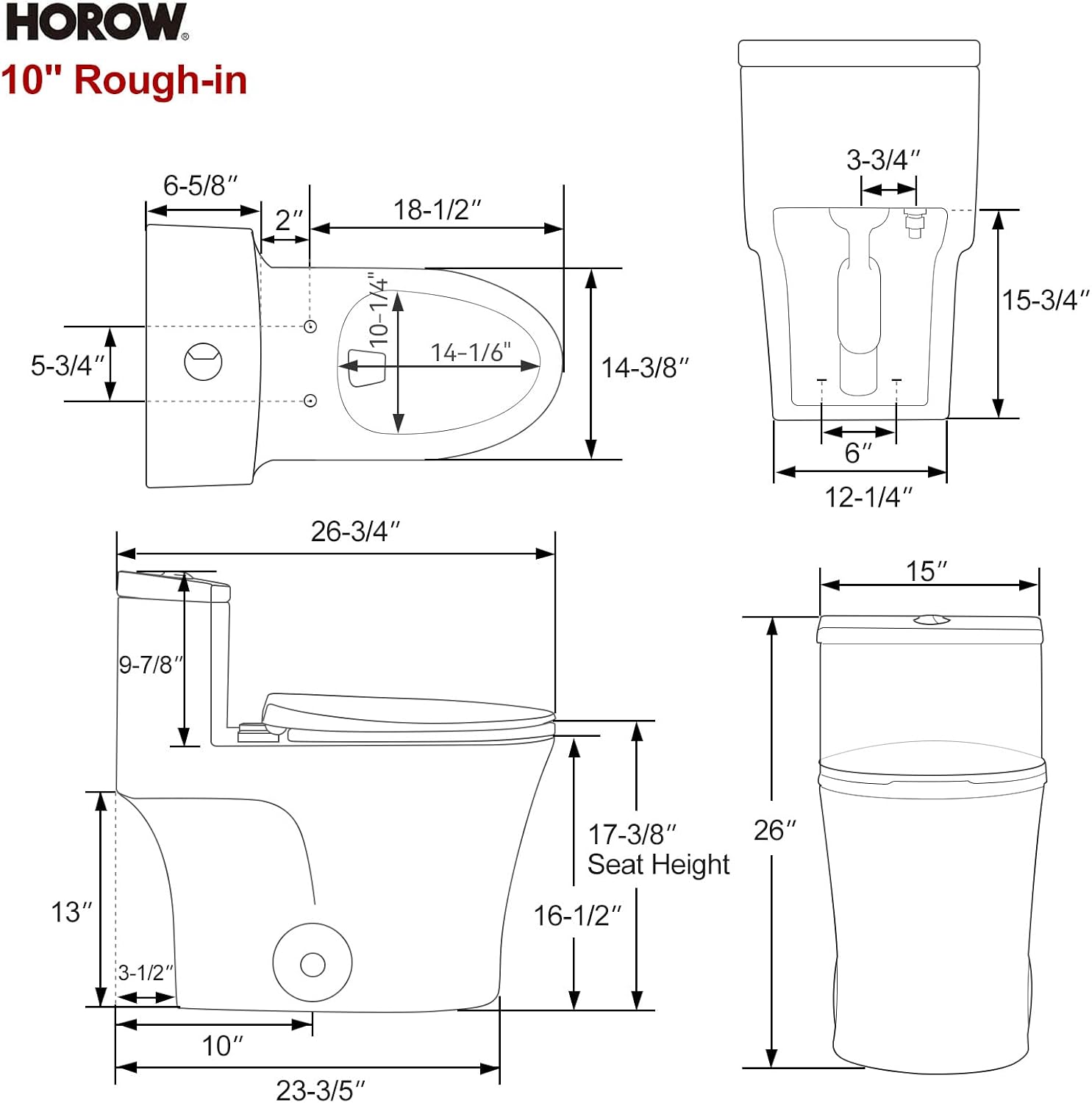 HOROW T0338W One Piece Toilet 10' Rough-in, Elongated Toilet with Comfortable Seat Height, ADA Chair Height 17.3', Dual Flush 0.8/1.28 GPF, Standard White Toilet Bowl, Space Saver Design